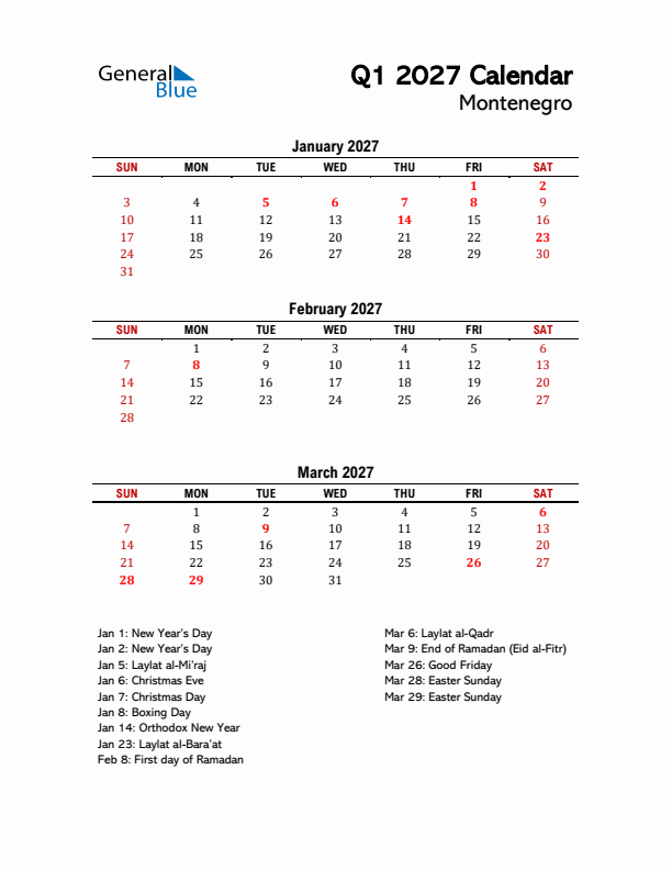 2027 Q1 Calendar with Holidays List for Montenegro