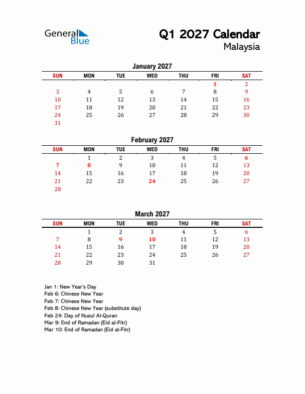 2027 Q1 Calendar with Holidays List for Malaysia