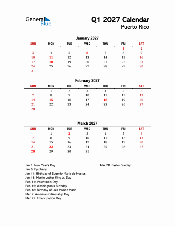2027 Q1 Calendar with Holidays List for Puerto Rico