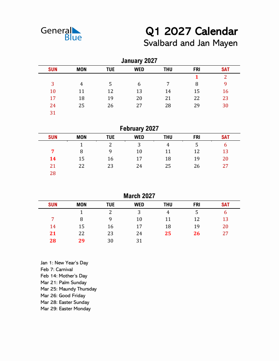 2027 Q1 Calendar with Holidays List for Svalbard and Jan Mayen