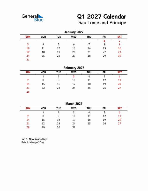 2027 Q1 Calendar with Holidays List for Sao Tome and Principe