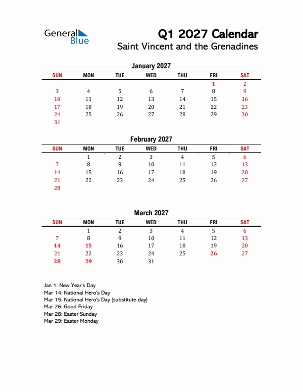 2027 Q1 Calendar with Holidays List for Saint Vincent and the Grenadines