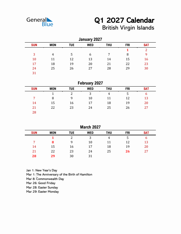 2027 Q1 Calendar with Holidays List for British Virgin Islands