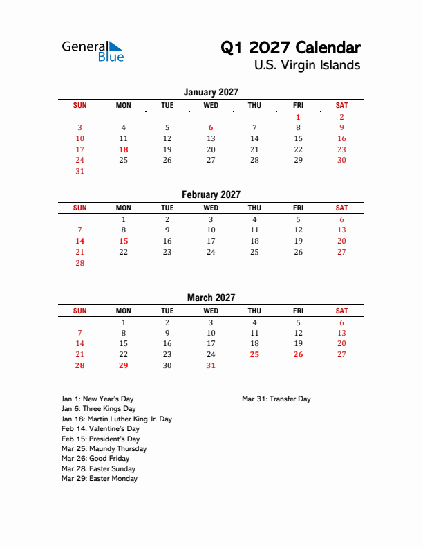 2027 Q1 Calendar with Holidays List for U.S. Virgin Islands