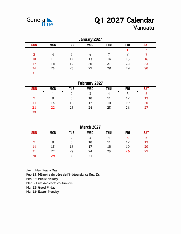 2027 Q1 Calendar with Holidays List for Vanuatu