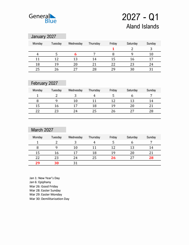 Aland Islands Quarter 1 2027 Calendar with Holidays