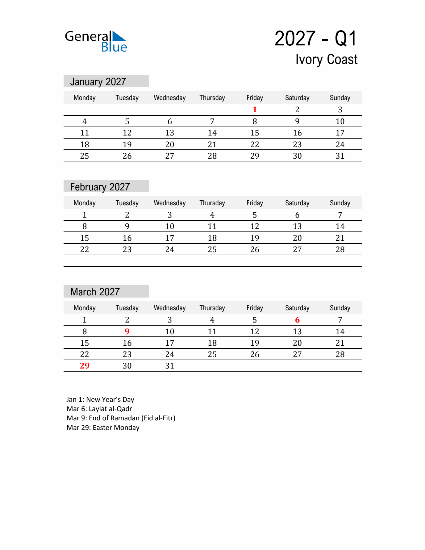 Ivory Coast Quarter 1 2027 Calendar with Holidays