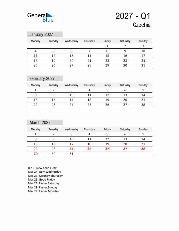 Czechia Quarter 1 2027 Calendar with Holidays