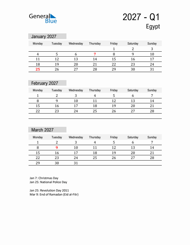 Egypt Quarter 1 2027 Calendar with Holidays