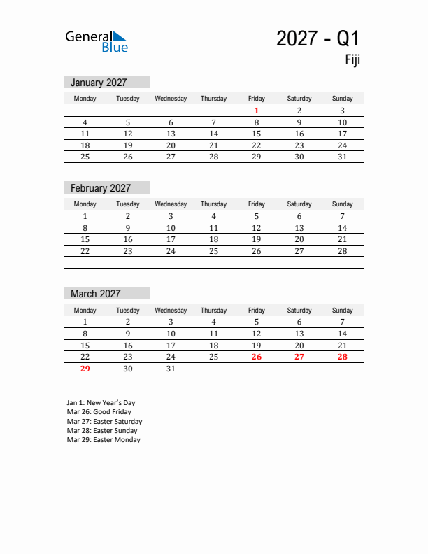 Fiji Quarter 1 2027 Calendar with Holidays