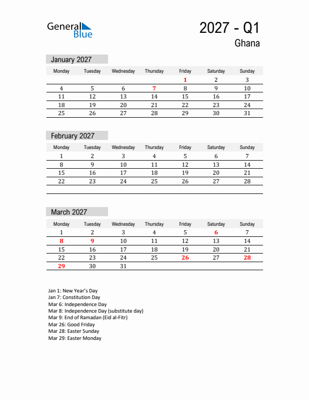 Ghana Quarter 1 2027 Calendar with Holidays