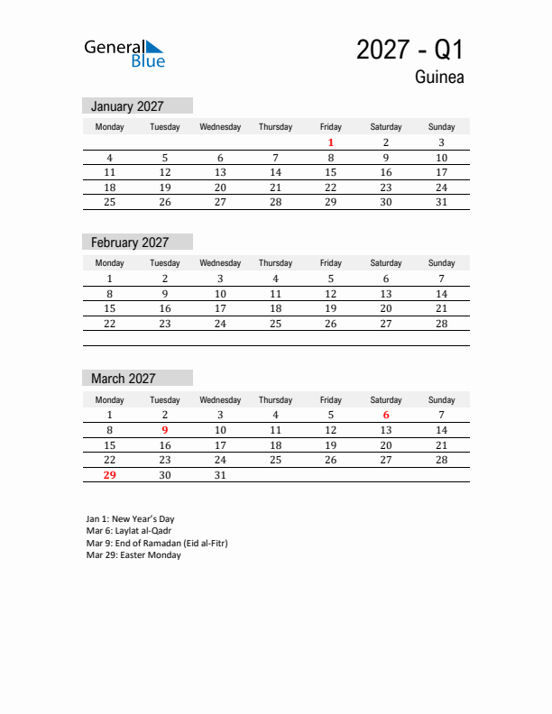 Guinea Quarter 1 2027 Calendar with Holidays