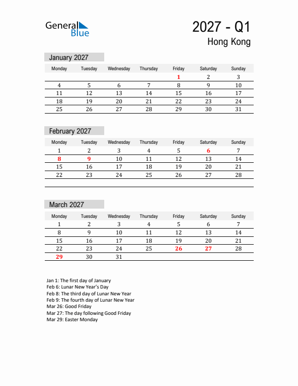Hong Kong Quarter 1 2027 Calendar with Holidays