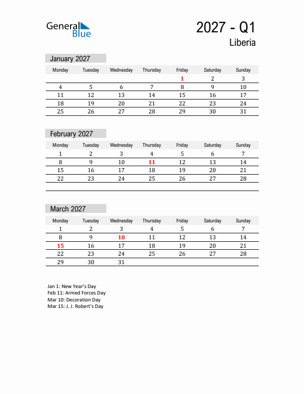 Liberia Quarter 1 2027 Calendar with Holidays