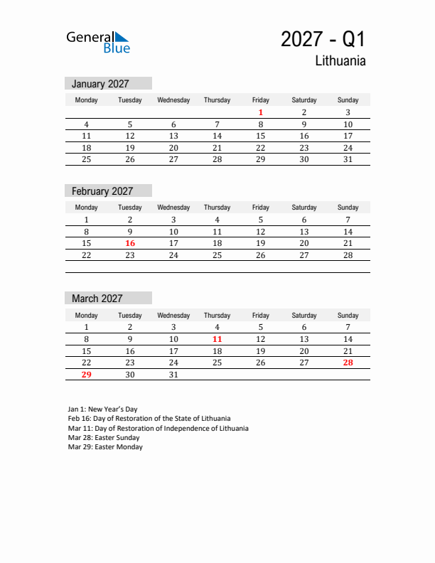 Lithuania Quarter 1 2027 Calendar with Holidays