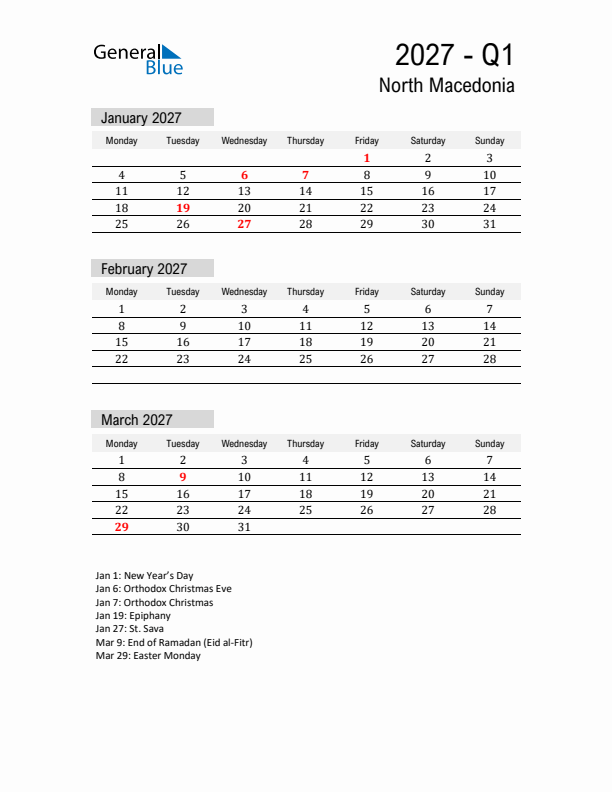 North Macedonia Quarter 1 2027 Calendar with Holidays