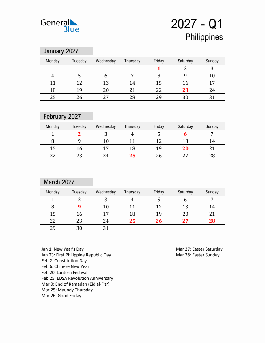 Philippines Quarter 1 2027 Calendar with Holidays - Monday Start