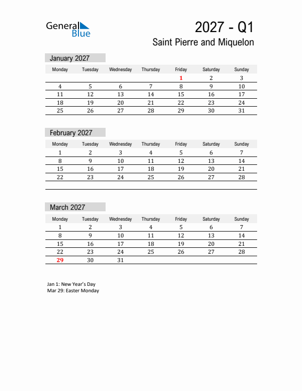 Saint Pierre and Miquelon Quarter 1 2027 Calendar with Holidays