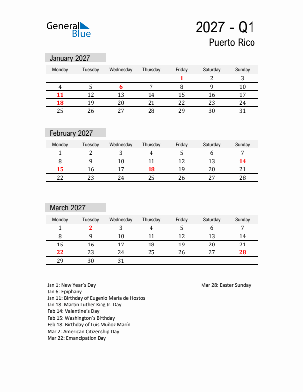 Puerto Rico Quarter 1 2027 Calendar with Holidays