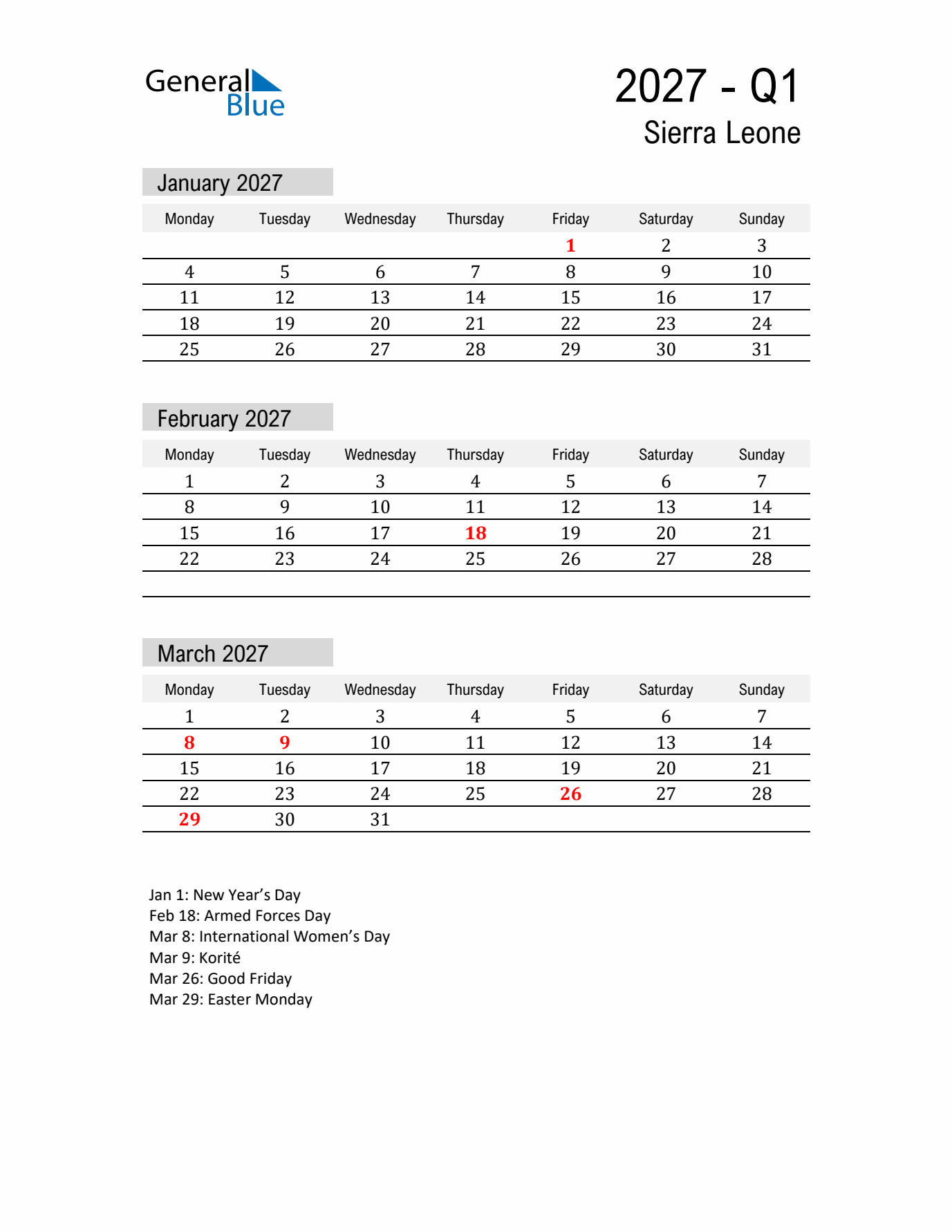 Sierra Leone Quarter 1 2027 Calendar with Holidays