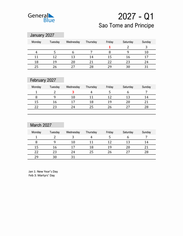 Sao Tome and Principe Quarter 1 2027 Calendar with Holidays