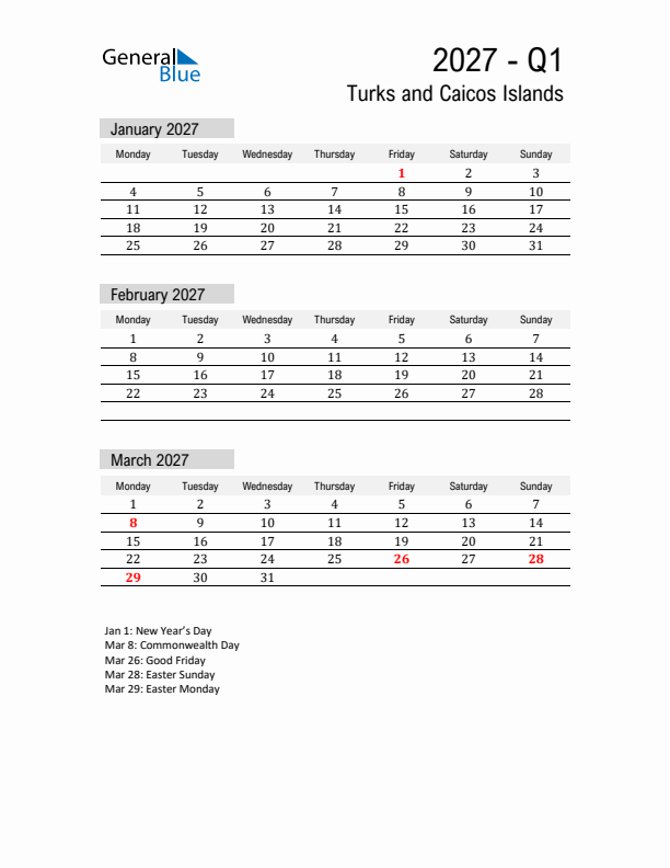 Turks and Caicos Islands Quarter 1 2027 Calendar with Holidays