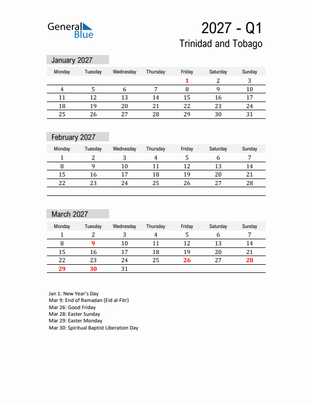 Trinidad and Tobago Quarter 1 2027 Calendar with Holidays