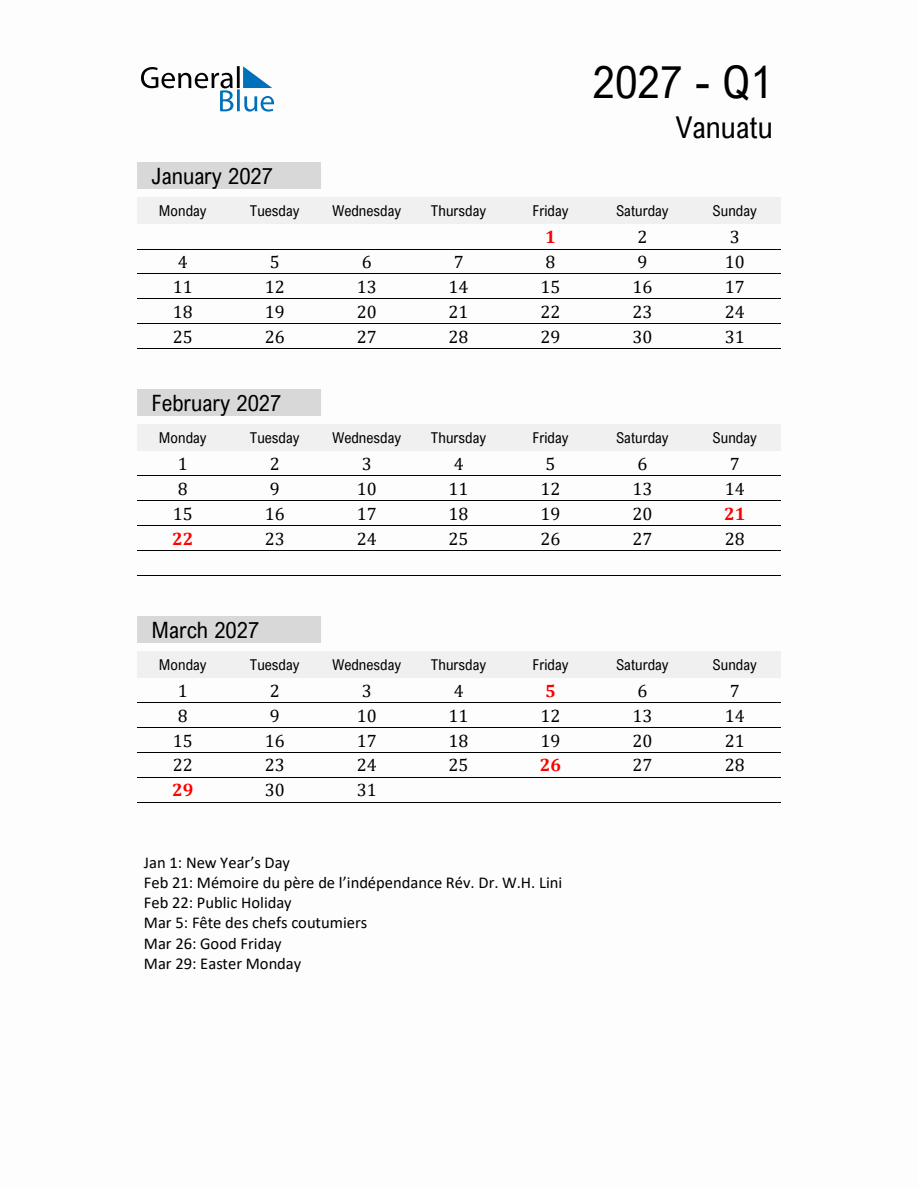Vanuatu Quarter 1 2027 Calendar with Holidays - Monday Start