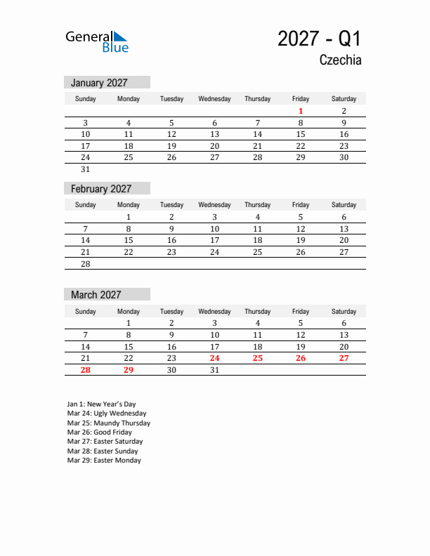Czechia Quarter 1 2027 Calendar with Holidays