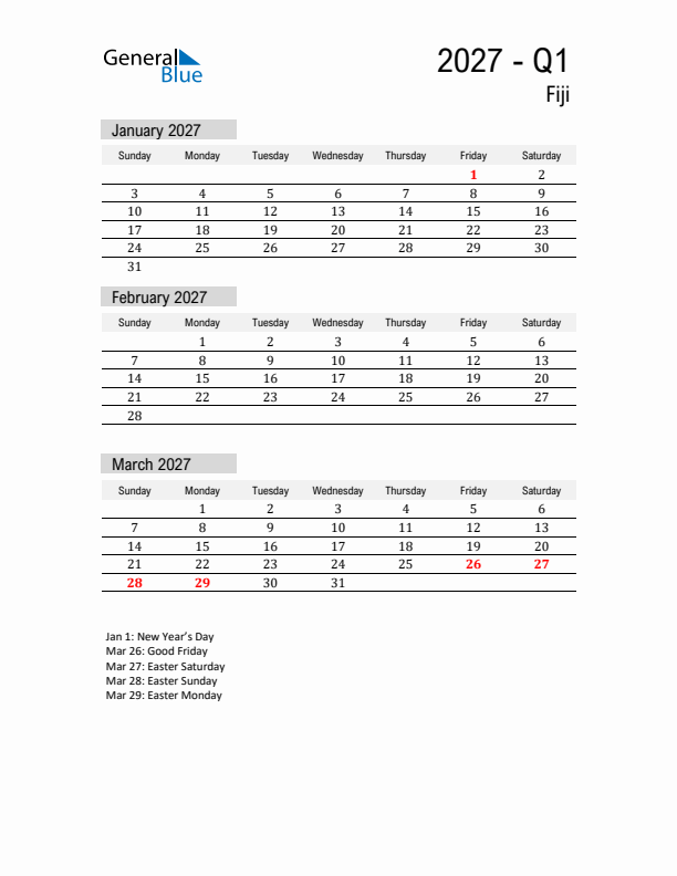 Fiji Quarter 1 2027 Calendar with Holidays