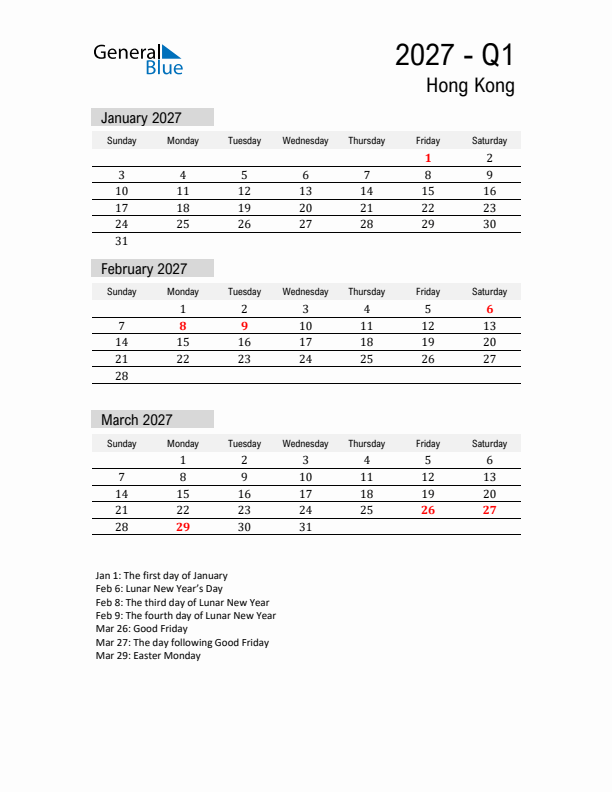 Hong Kong Quarter 1 2027 Calendar with Holidays