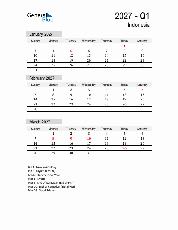 Indonesia Quarter 1 2027 Calendar with Holidays