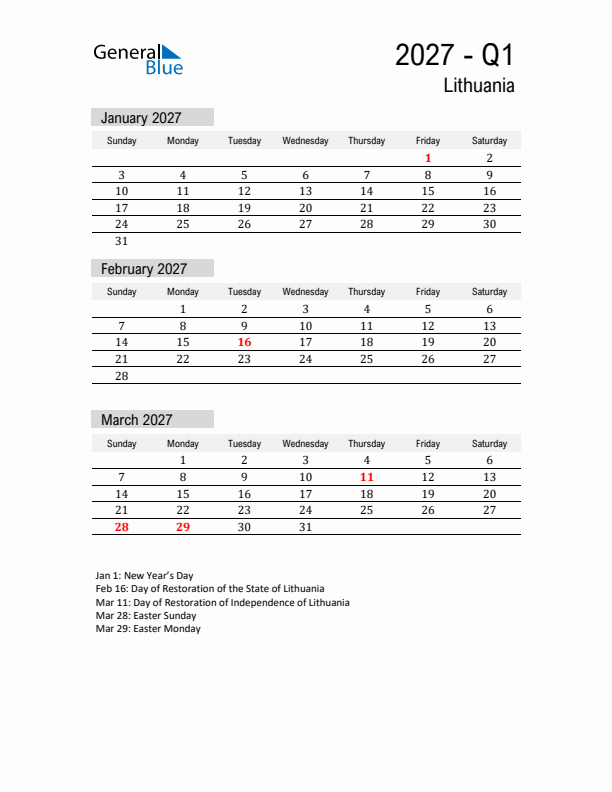 Lithuania Quarter 1 2027 Calendar with Holidays