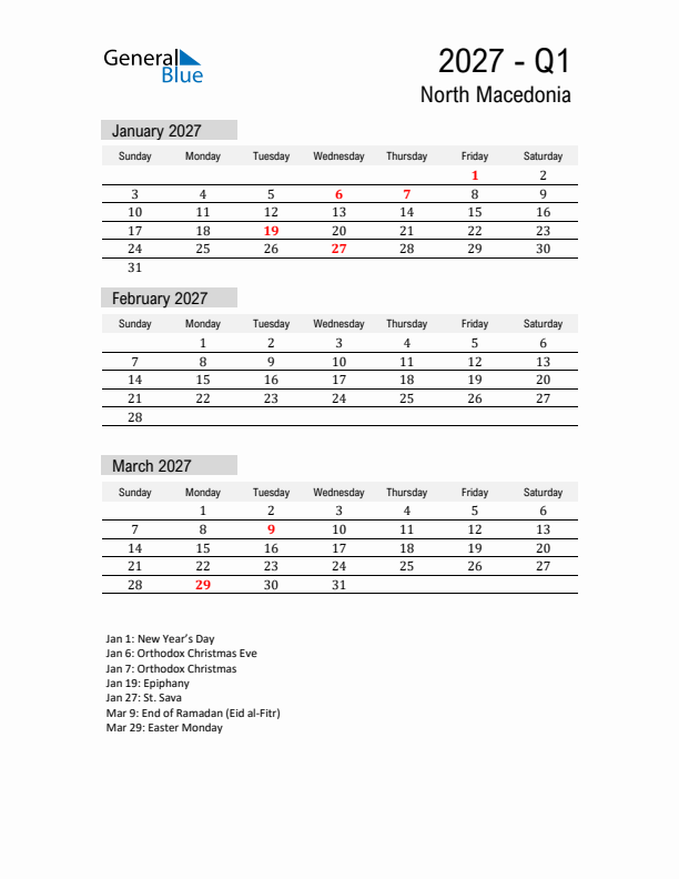 North Macedonia Quarter 1 2027 Calendar with Holidays