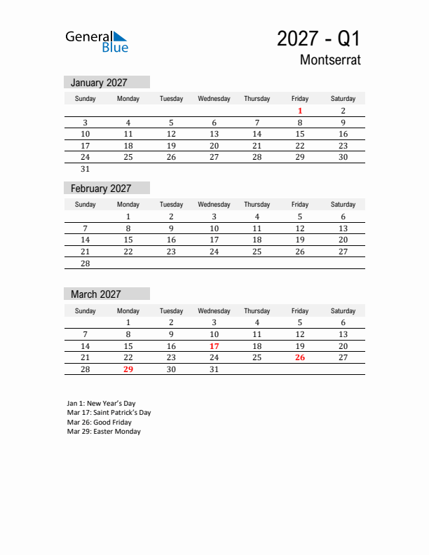 Montserrat Quarter 1 2027 Calendar with Holidays