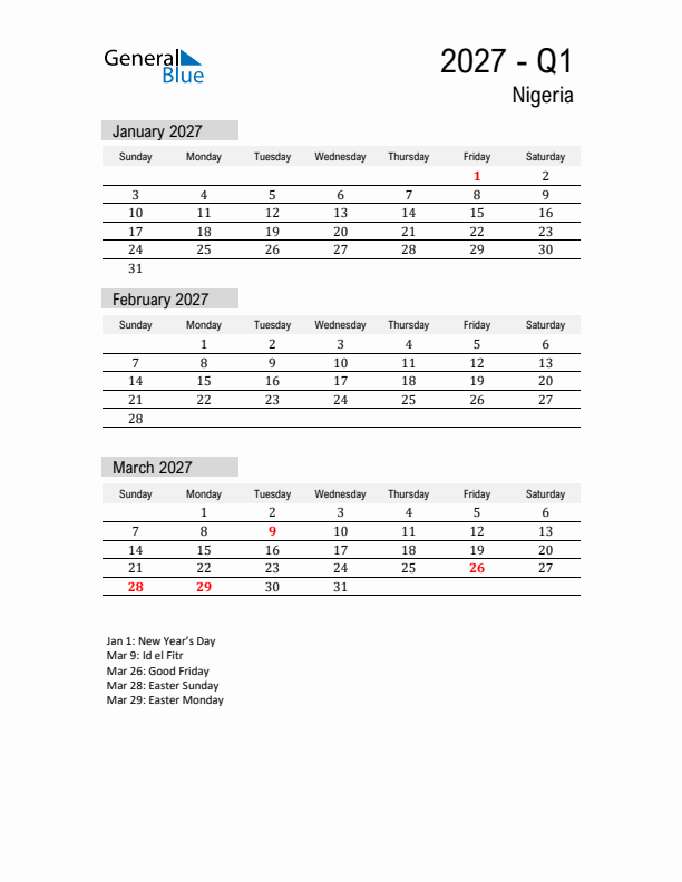 Nigeria Quarter 1 2027 Calendar with Holidays