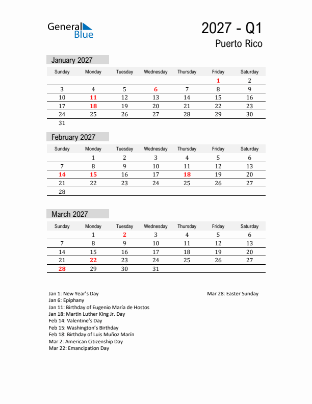 Puerto Rico Quarter 1 2027 Calendar with Holidays