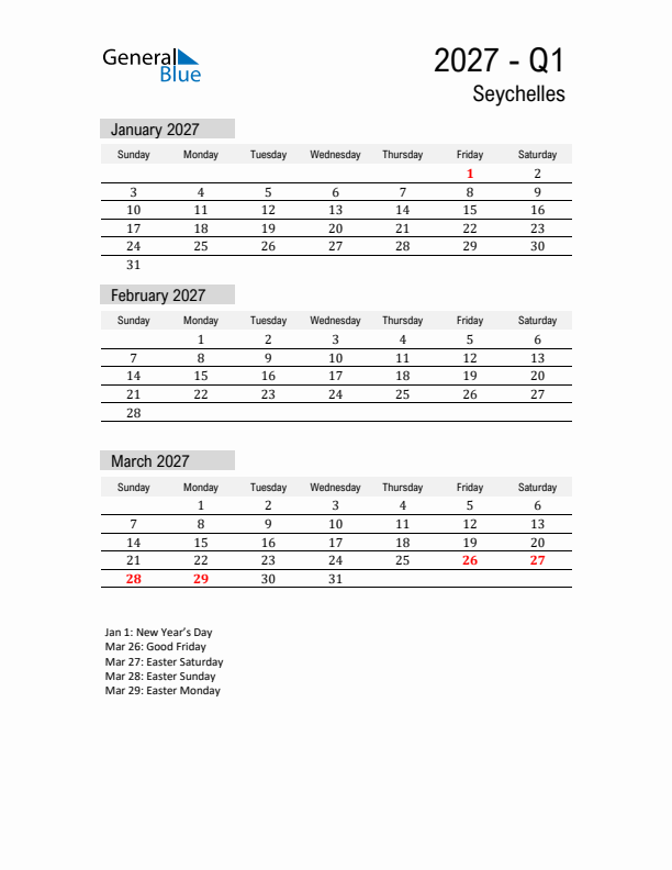 Seychelles Quarter 1 2027 Calendar with Holidays
