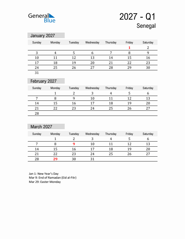 Senegal Quarter 1 2027 Calendar with Holidays