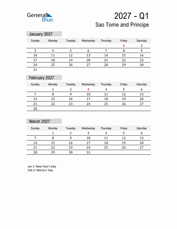 Sao Tome and Principe Quarter 1 2027 Calendar with Holidays