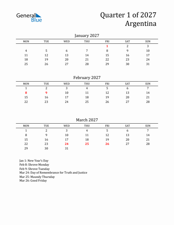 Quarter 1 2027 Argentina Quarterly Calendar