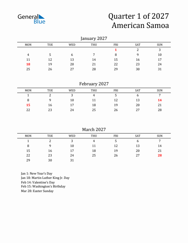 Quarter 1 2027 American Samoa Quarterly Calendar