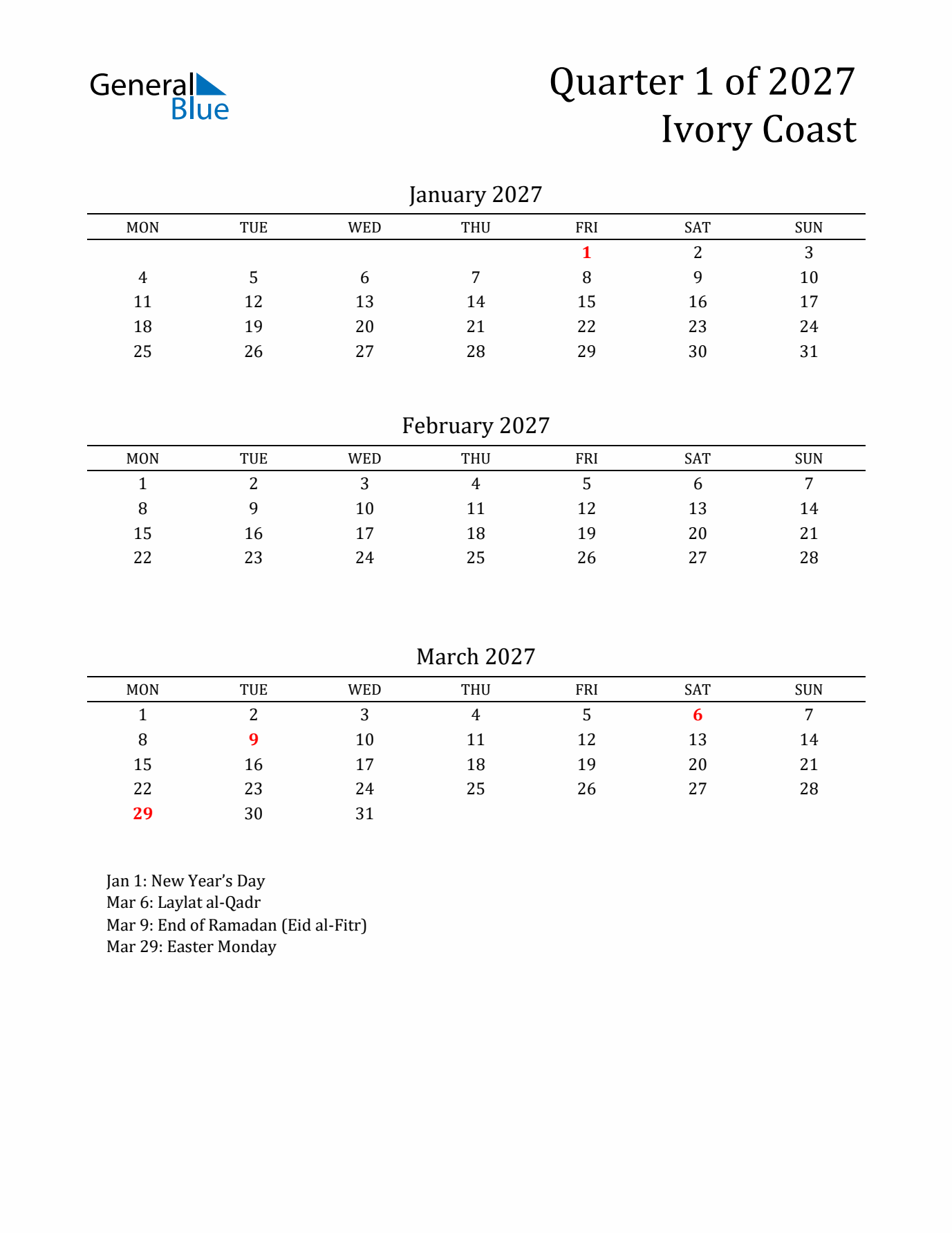 Quarter 1 2027 Ivory Coast Quarterly Calendar