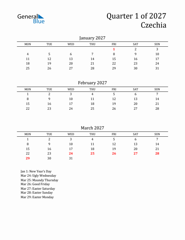 Quarter 1 2027 Czechia Quarterly Calendar