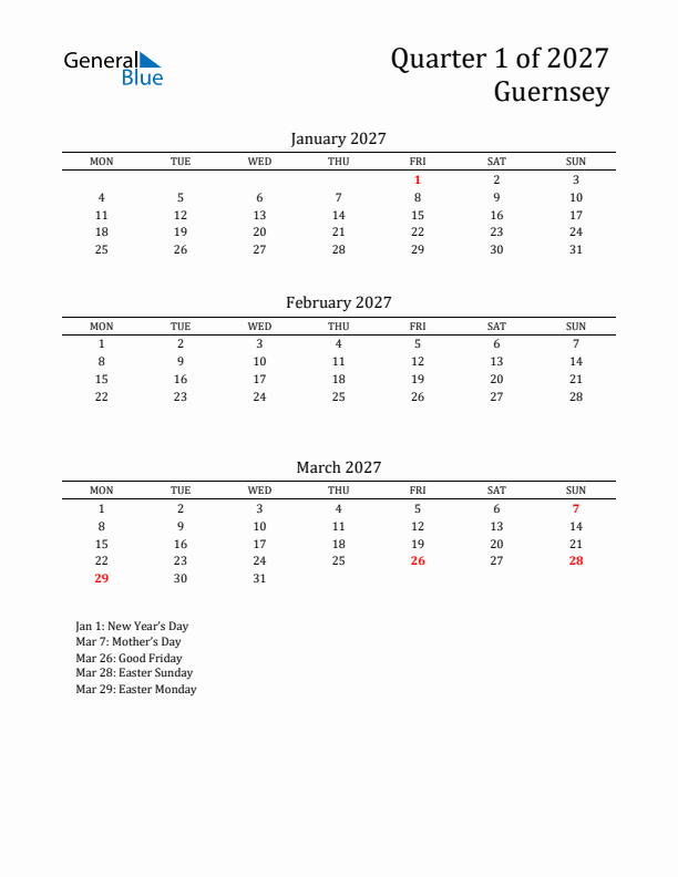 Quarter 1 2027 Guernsey Quarterly Calendar