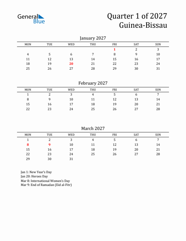 Quarter 1 2027 Guinea-Bissau Quarterly Calendar