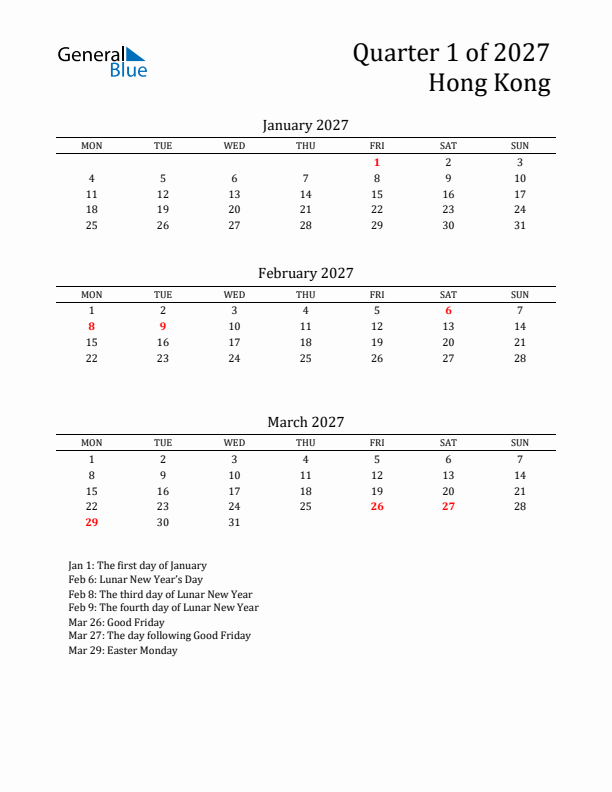 Quarter 1 2027 Hong Kong Quarterly Calendar