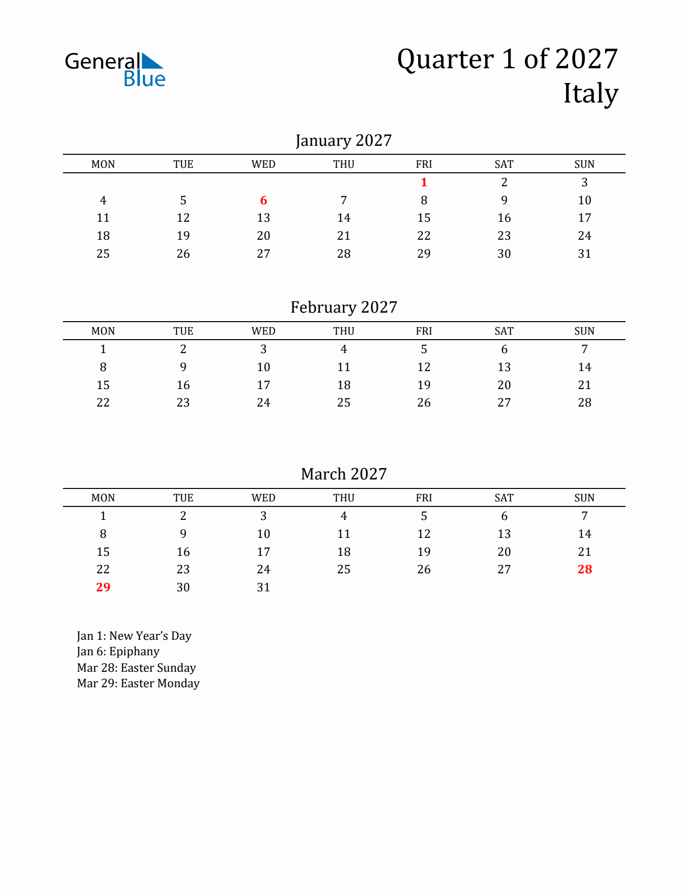 Quarter 1 2027 Italy Quarterly Calendar