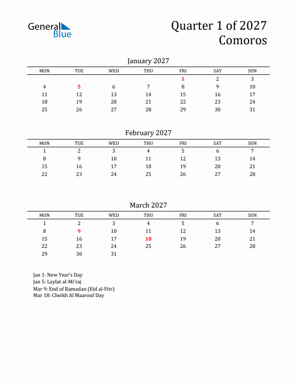 Quarter 1 2027 Comoros Quarterly Calendar