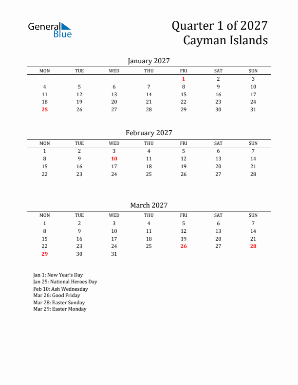 Quarter 1 2027 Cayman Islands Quarterly Calendar